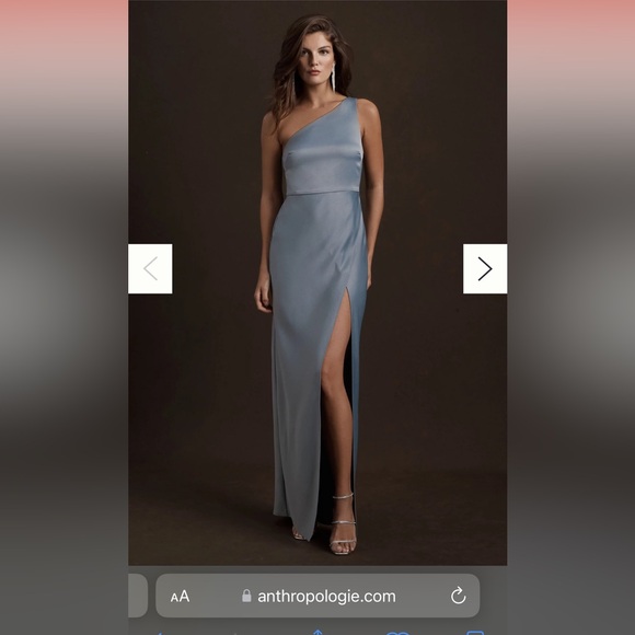 BHLDN Dylan One-Shoulder Satin Side-Slit Gown | Dusty Blue | size 2 - Picture 8 of 8